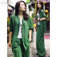 Large size loose solid color casual wide-leg pants womens retro stand collar shirt two-piece suit V729