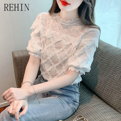 REHIN เสื้อเบลาส์แขนสั้นสำหรับผู้หญิง,เสื้อลำลองแขนพองคอกลมหลวมสไตล์เกาหลีแบบใหม่ฤดูร้อน