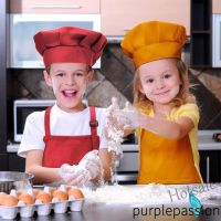 【hot sale】✣∋☜ D13 PURPLEPASSION-Child Craft Apron and Hat Set Solid Color Front Pocket Bib Apron Elastic Band Cooking Cap