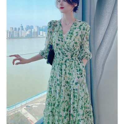 Chiffon Dress Womens Summer Fruit Green Floral Long Dress Three Quarter Sleeve Sense Flesh Shading Thin Shirring Dress