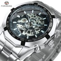 ZZOOI Forsining Silver Stainless Steel Waterproof Mens Skeleton Watches Top Brand Luxury Transparent Mechanical Sport Male Wrist Watch