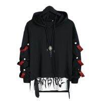 เสื้อสเวตเตอร์ผู้ชาย Hip Hop แขนยาวอ่อนเยาว์ Cool Warm Strap Decor Letter พิมพ์ Hooded Elastic Cuff ฤดูใบไม้ร่วง Hoodie Daily Garment