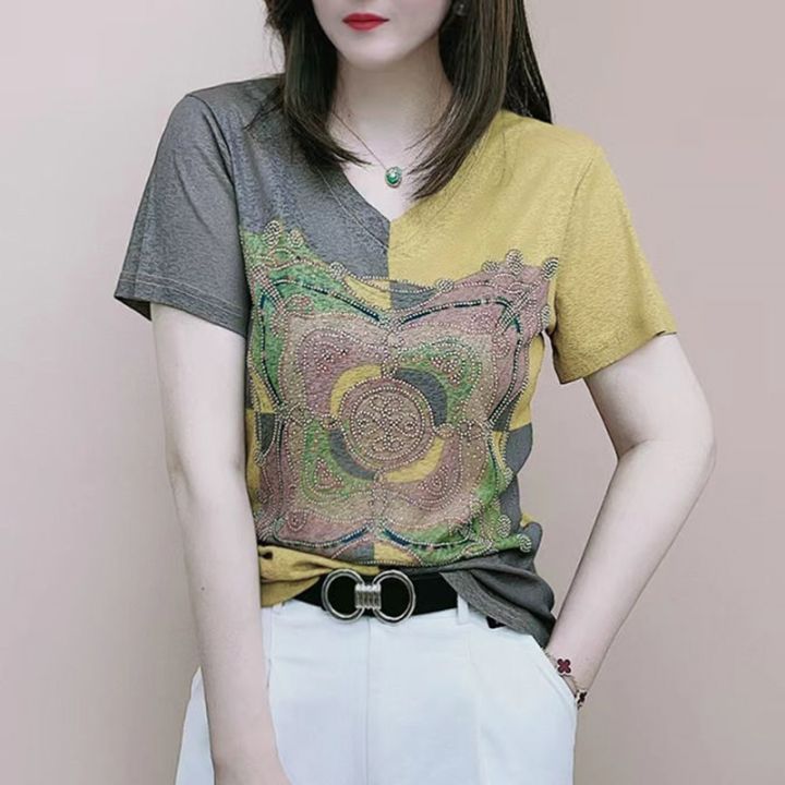 2022-fashion-temperament-t-shirt-short-sleeved-v-neck-loose-female-printed