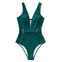 SEASELFIE Green Belt Backless One-piece Swimsuit For Women Sexy Deep V-neck Monokini Swimwear  Beach Bathing Suit Beachwear