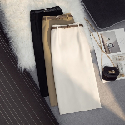 Solid Side Split y Long Suit Skirt For Women  Office Lady Elastic Band Fashion Casual Pencil Bag Hip Midi Skirt With Belt