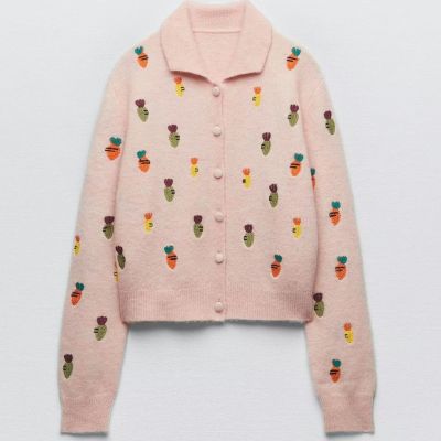 ZARAˉ ZA VIP RA New Year Of The Rabbit Carrot Embroidery Pink Knitted Cardigan Sweater Jacket Women