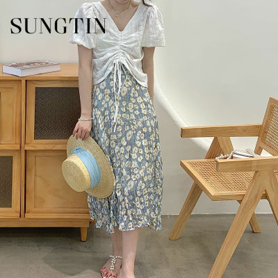 Sungtin Sweet 2 Piece Sets for Women Lantern Sleeve Embroidery Shirring Short Blouses Floral Folds Long Skirts High Quality Sets