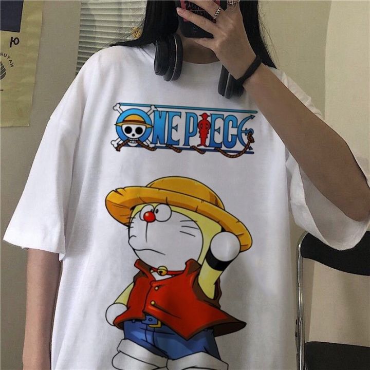 Cartoon Straw Hat Doraemon Print T-Shirt Large Size Loose Ladies T-Shirt  W179 
