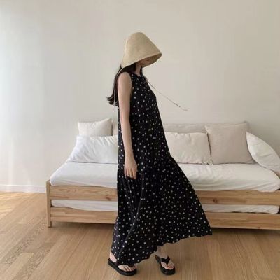 ‘；’ MEXZT Summer Sleeveless Polka Dot Dress Korean Fashion Elegant Chic Ruffled Long Dress Seaside Holiday Loose Printing Sundress