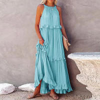 ผู้หญิงสีชมพู Qutfits ชุด Boho ยาวสีทึบชุดหลวมแขนกุดปิดไหล่ Halter คอ Ruffle Maxi Dresses