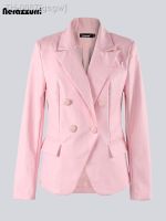✲ gsgw Nerazzurri-Blazer de couro feminino com plutônio curto bolsos aba jaqueta peito duplo macio rosa branco elegante luxo outono 2023