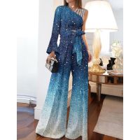 Womens Jumpsuit Lace up Sequin Print One Shoulder Elegant Party tail Regular Fit Long Sleeve Blue White Black