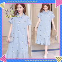 【จัดส่งที่รวดเร็ว✨】Women Stripe Embroidered Short Sleeve Maternity Shirt Dress for Pregnant