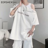 EERSHENSHI เสื้อลำลองแขนสั้นทรงหลวมแขนสั้นสีเข้มของผู้ชายดีไซน์กระดุมโลหะ