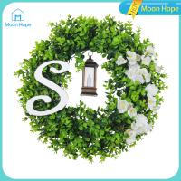 พวงมาลาประตูพวงหรีดเทียมสีเขียวด้านหน้าของ Moon Hope สำหรับเตาผิงของแต่งบ้านกลางแจ้งในร่ม