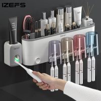 IZEFS กล่องที่เก็บที่แขวนแปรงสีฟันติดผนังห้องน้ำที่บีบยาสีฟันไม่มีที่ใส่แปรงสีฟันในห้องน้ำเจาะ