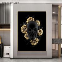 Modern Abstract Golden Skull Canvas Art, Wall Decor โปสเตอร์และภาพพิมพ์,เหมาะสำหรับตกแต่งห้องนั่งเล่น,ไม่รวมกรอบ