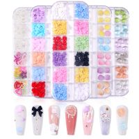 FlorVida Nail Art Flower Epoxy Gel Decorations Pearl Bow knot Transparent Kawaii Bear 3D Resin Press On Nails For Summer Shell