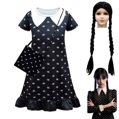 ◇✎ Kids Children Wednesday Addams Cosplay Costume Dress Bag Wig Outfits Halloween Carnival Suit For Girls