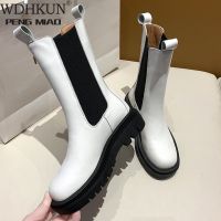 HOT★Women Botas Square Toe Platform Thick Heel Mid-Calf Boots Woman Fashion Slip-on Chelsea Booties Autumn Winter White