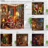 【CW】♀▦  Painting Shower Curtains Claus Garland Xmas Fireplace New Year Curtain Set