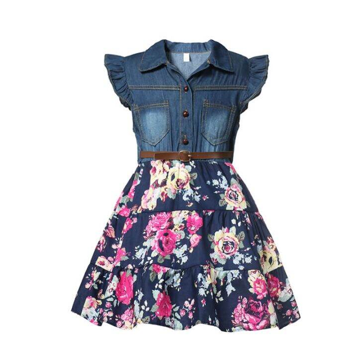 bohemian-style-girls-summer-clothing-dress-denim-bodice-floral-frock-children-chic-belted-robe-a-line-french-fille-robe-casuals