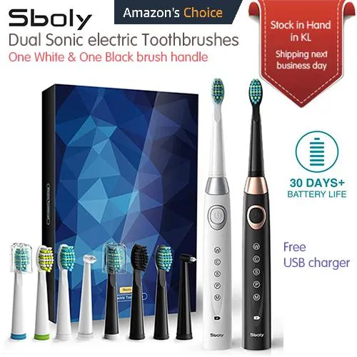 Sboly 2 Sonic Rechargeable Electric Toothbrushes 5 Modes 8 Brush Heads
