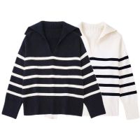 European and American style 2022 autumn new womens clothing long-sleeved Polo collar striped knitted sweater 5536128 080