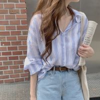 ✕♟ 43146 Korean Version Loose Lazy Simple Striped Long Sleeve Sunscreen Shirt Top