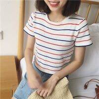 ASIAFASHIONSALE ย่อหน้าสั้นลายเส้นแขนสั้นสำหรับผู้หญิงเสื้อยืดคอเสื้อลำลอง