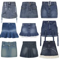 【CC】 Korean Kawaii Denim Pleated Skirt Prepply Waist Jeans E-girl Grunge Punk Streetwear