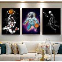 Funny Canvas Paintings Astronaut Playing Basketball on Outer Space Moon Wall Art Pictures Printed Posters for Living Room Decor