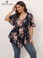 SHESTARR Women S Plus Size Dressy Tops Floral Blouse Fashion Short Sleeve Shirt Sexy V Neck Low Cut Casual Tunic Top XL-4XL