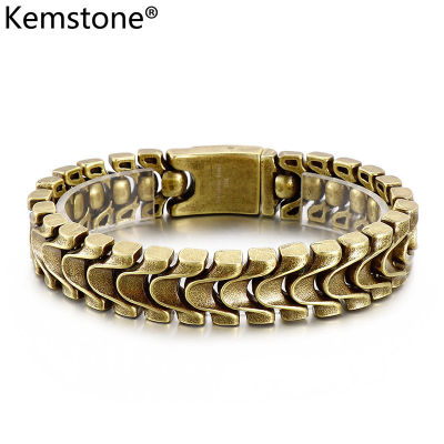 Kemstone สร้อยข้อมือสแตนเลสสตีลชุบทองเงินวินเทจสำหรับผู้ชาย