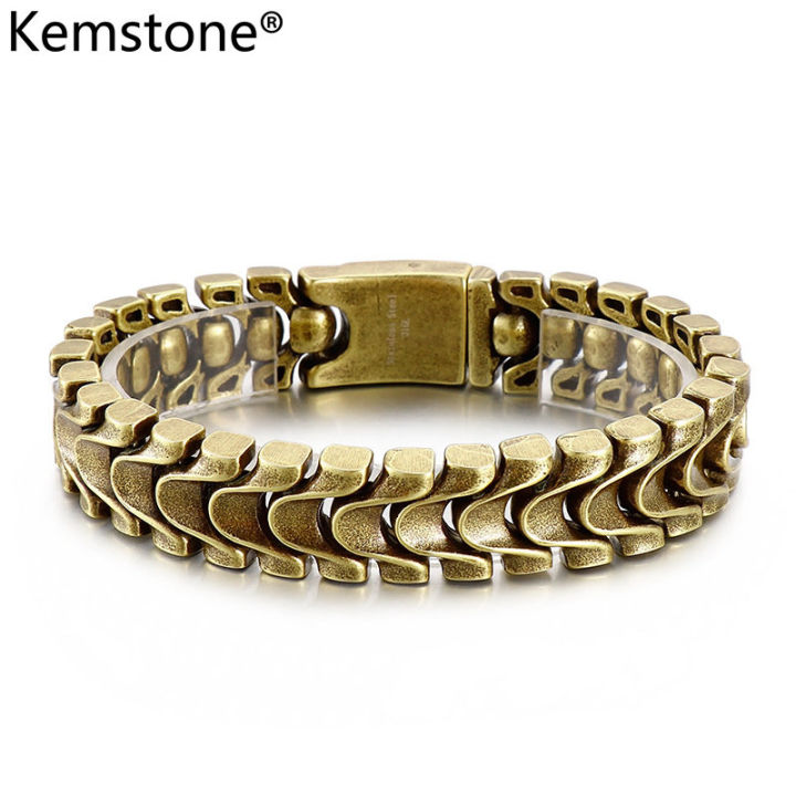 kemstone-สร้อยข้อมือสแตนเลสสตีลชุบทองเงินวินเทจสำหรับผู้ชาย