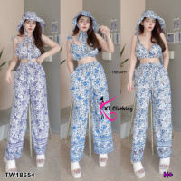 B18654 	set 2 ชิ้น เสื้อสายเดี่ยว ผุกไหล่ พิมพ์ลาย + กางเกงขายาว Set of 2 pieces. Single-shoulder shirt with printed pattern + trousers.