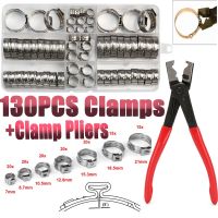 130pcs Stainless Steel Single Ear Stepless Hose Clamps Assortment Box Kit With Plier Crimp Pinch Rings for Securing Pipe Hoses