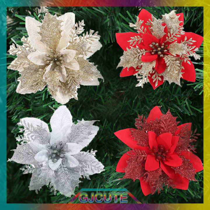 gjcute-ดอกไม้คริสต์มาสประดิษฐ์-glitter-ดอกไม้ปลอม-merry-christmas-tree-decor