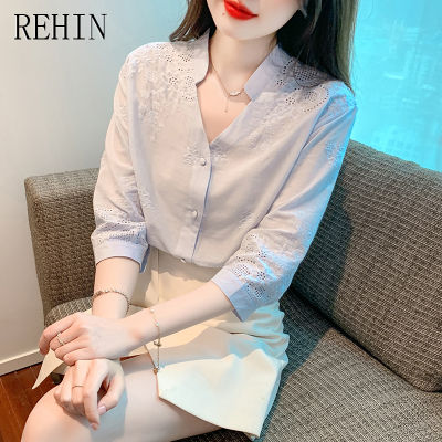 REHIN เสื้อคอวีผู้หญิง,เสื้อคอวีปักลายฉลุสีขาวเสื้อผู้หญิงแขนสั้นใหม่ฤดูร้อน