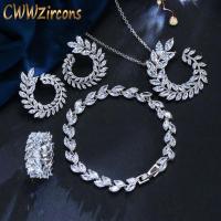 CWWZircons 4 ชิ้นใบรูปร่างแฟชั่นใหม่CZสร้อยคอต่างหูสร้อยข้อมือและแหวนชุดเครื่องประดับแบรนด์ที่มีชื่อเสียงสตรีอุปกรณ์เสริม