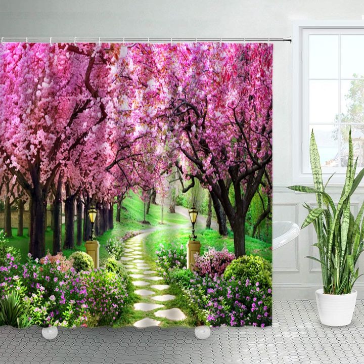 spring-rural-landscape-shower-curtains-set-pink-flowers-tree-forest-natural-floral-green-plant-scenery-with-hooks-bathroom-decor