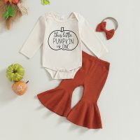 Baby Girls Halloween Clothes Pumpkin Letter Print Long Sleeves Romper and Ribbed Flared Pants Headband 3 Pieces Outfits  by Hs2023