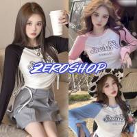 Zero shop?พร้อมส่ง? (Zero-5K67) เสื้อครอปแขนยาว สีทูโทน พิมพ์ลายตัวอักษรหน้าผ้า -C