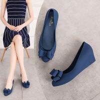 ▲♞ High Heels Jelly Shoes Beach Sandal Woman Luxury Suit Female Beige Shallow Mouth 2022 Summer Med Clogs Wedge Elastic Band Black