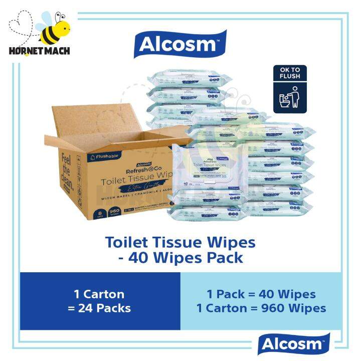 [CARTON] Alcosm Toilet Tissue Wipes 40 Wipes Pack Lazada