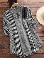 Womens Spring Fall Cotton Linen Long Sleeves Roll Up Striped Casual V Neck Button Down Shirts Blouses Collar Tunic Tops