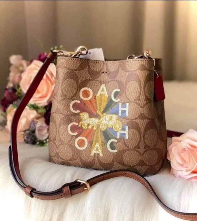 Coach Women S C Mini Town Bucket Bag In Signature Canvas With Coach Radial Rainbow Khaki