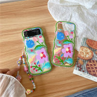 เคสนิ่มลายคลื่นสำหรับ Samsung Galaxy Z Z Flip5 4 3 5G ฝาปิดมีสายรัดข้อมือป้องกันการตกลายดอกไม้แฟชั่น