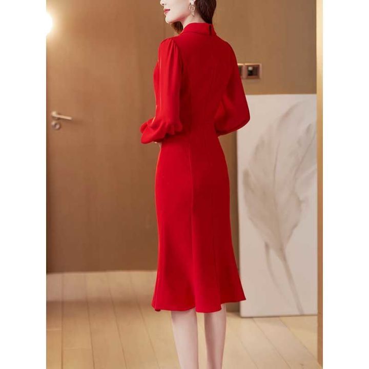 gaun-tahun-baru-สีแดง2023ชุดเดรสงานเลี้ยงผู้หญิงปกสูทแฟชั่นระดับไฮเอนด์สำหรับฤดูใบไม้ผลิและฤดูใบไม้ร่วง