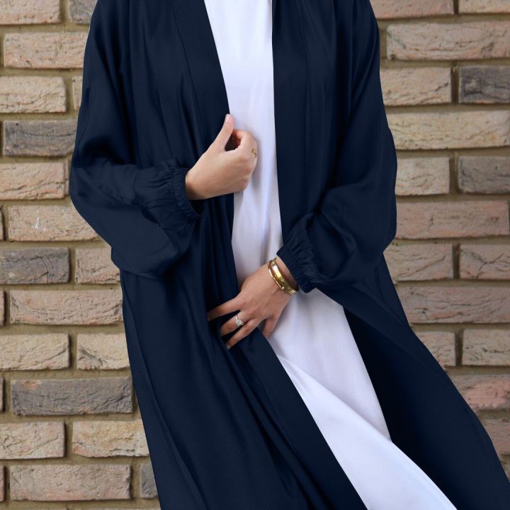 เสื้อคลุมสไตล์ไก่งวงสำหรับสตรีมุสลิมอิสลามมุสลิมซาตินลายเสื้อคลุมดูไบอาบายาแบบเปิดอาหรับ Kaftan